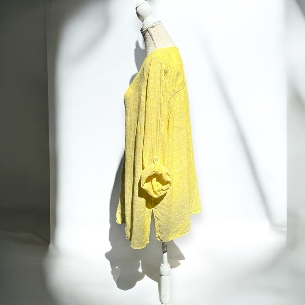 🌻Tahari Pear Color Linen Lagenlook Button Roll-Tab Tunic Blouse Size 1X - Picture 5 of 8